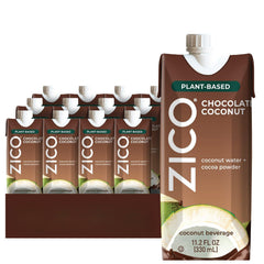 ZICO Chocolate Coconut Water bottle pouring into a glass for a refreshing plant-based treat.