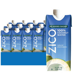 ZICO 100% coconut water bottle showing hydration with electrolytes.