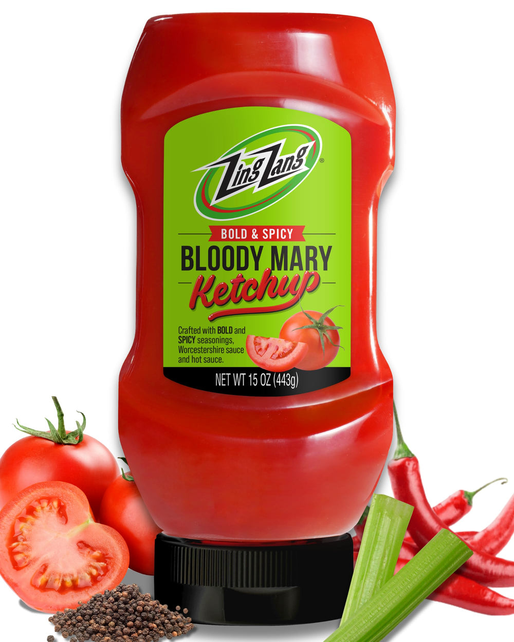 Zing Zang Bloody Mary ketchup bottle ready to shake up burgers and fries.