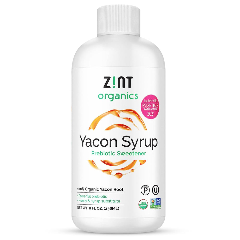 Zint Organic Yacon Syrup bottle on the counter, natural daily sweetener option.