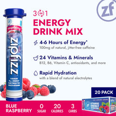 Zipfizz blue raspberry dissolve water showing hydration and electrolytes