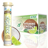Zipfizz Daily Energy Coconut Lime powder dissolving in water for sustained hydration.