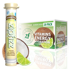 Zipfizz Daily Energy Coconut Lime powder dissolving in water for sustained hydration.