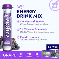 Zipfizz daily energy grape pour into water for rapid hydration and a subtle caffeine lift