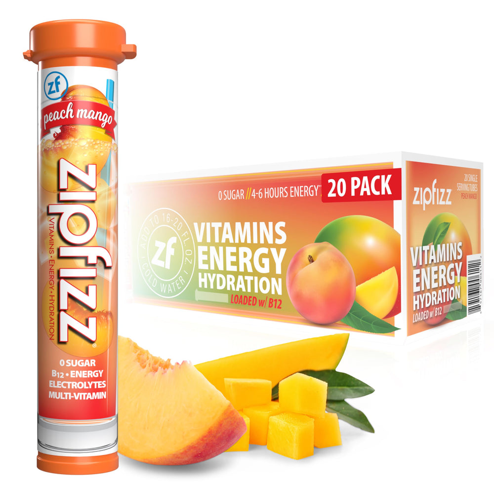 Zipfizz daily energy peach mango packet provides a sugar-free energy boost.