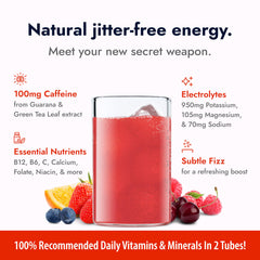 Glass of water with Zipfizz Fruit Punch dissolving for steady energy.