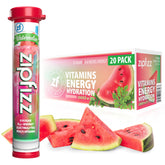 Zipfizz Watermelon powder being dispensed into a glass for refreshing hydration and sustained energy.