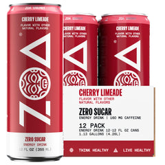ZOA Cherry Limeade can front view highlighting sugar-free energy and electrolytes for active days.