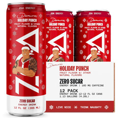 ZOA Dwanta's Holiday Punch 12-pack cans on display, festive zero-sugar energy.