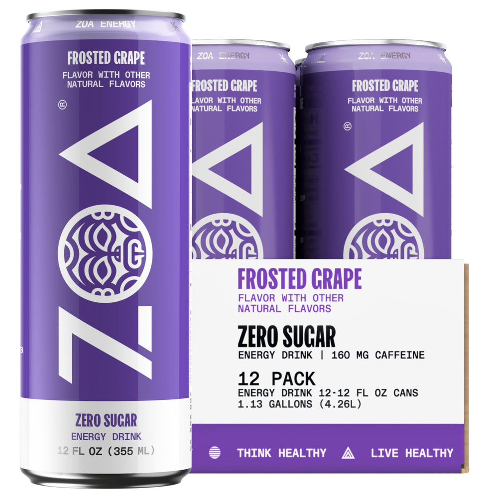 ZOA Frosted Grape can front, refreshing energy without sugar.
