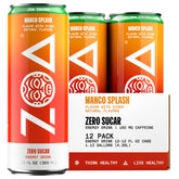 ZOA Mango Splash can front view highlighting zero sugar energy and electrolytes