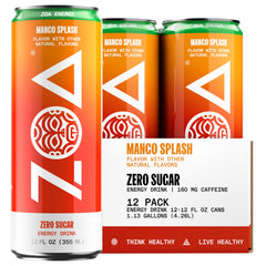 ZOA Mango Splash can front view highlighting zero sugar energy and electrolytes