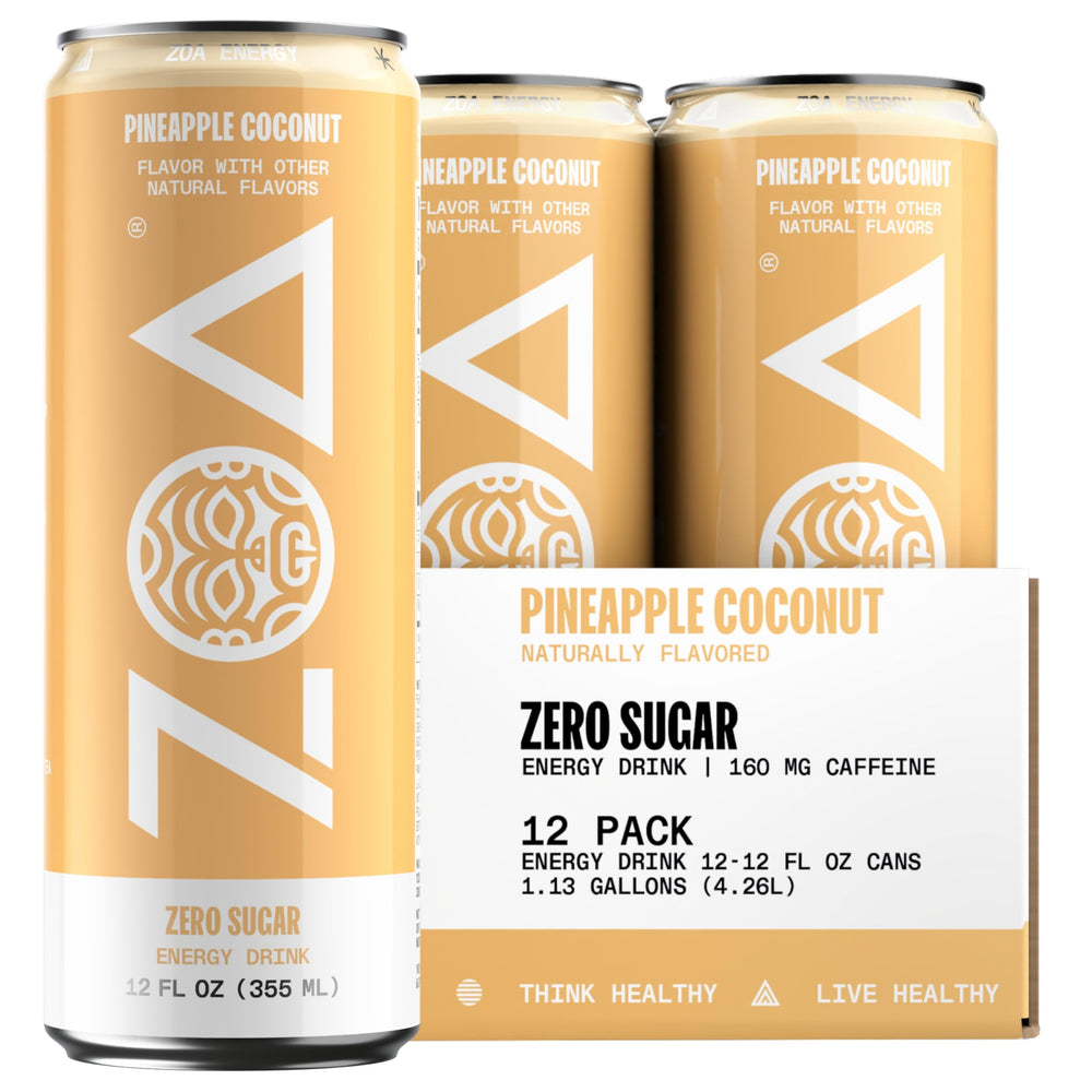 ZOA Pineapple Coconut can front view highlighting energy-boosting formula.