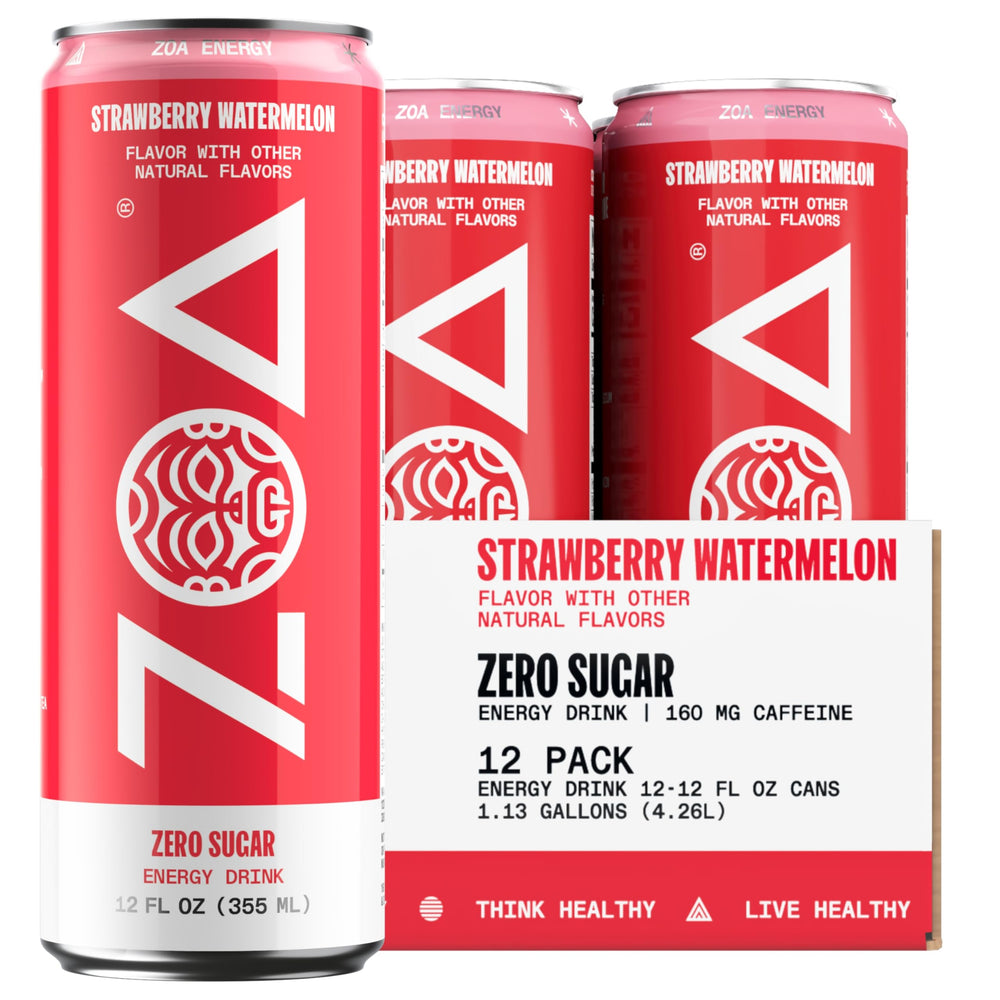 ZOA Strawberry Watermelon bottle front, sugar-free energy with electrolytes for active days.