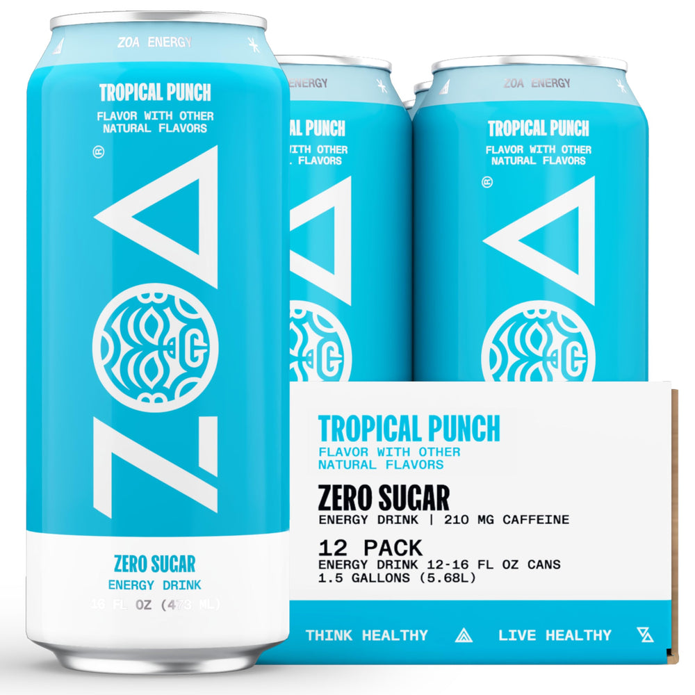 ZOA Tropical Punch 16oz can showing a sugar-free energy option with electrolytes for active days