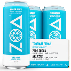 ZOA Tropical Punch 16oz can showing a sugar-free energy option with electrolytes for active days
