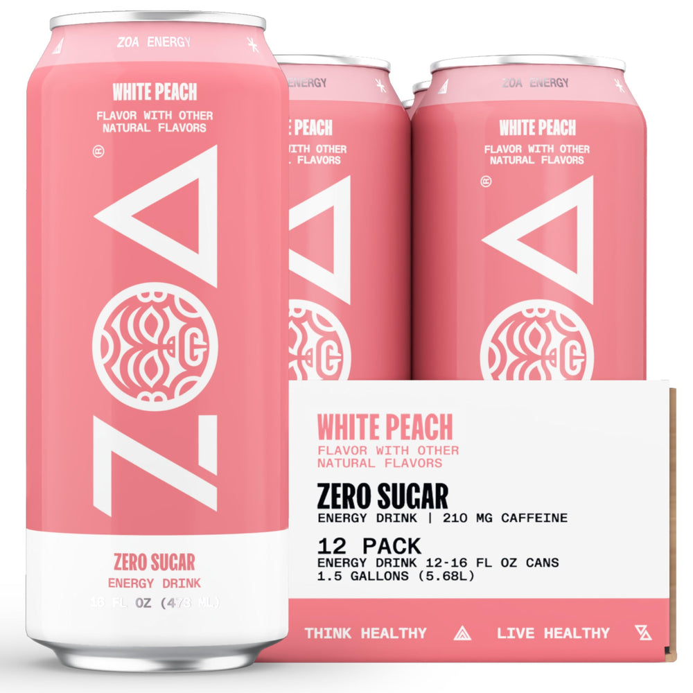 ZOA White Peach bottle on a light background for a refreshing, zero sugar energy lift