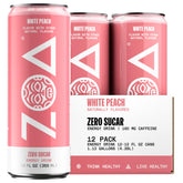 ZOA White Peach can front view highlighting sugar-free energy label