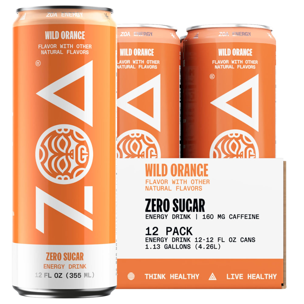 ZOA Wild Orange can front shows sugar-free energy with electrolytes for active days.