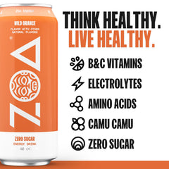ZOA Wild Orange ingredient panel shows natural caffeine from green tea and green coffee.