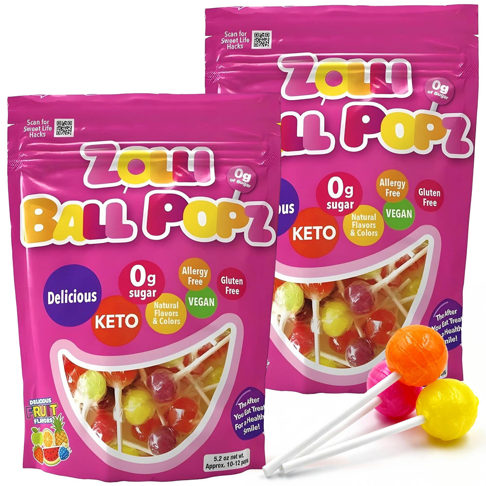 Zolli Ball Popz packaging showing a dye-free, sugar-free candy option for kids.