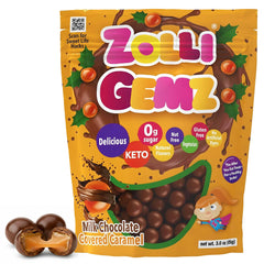 Zolli Gemz Caramel Milk Chocolate bite with smooth, sugar-free caramel that melts cleanly and may balance mouth pH.