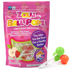 Zollipops Ball Popz green apple pack, dye-free and keto-friendly candy for kids.