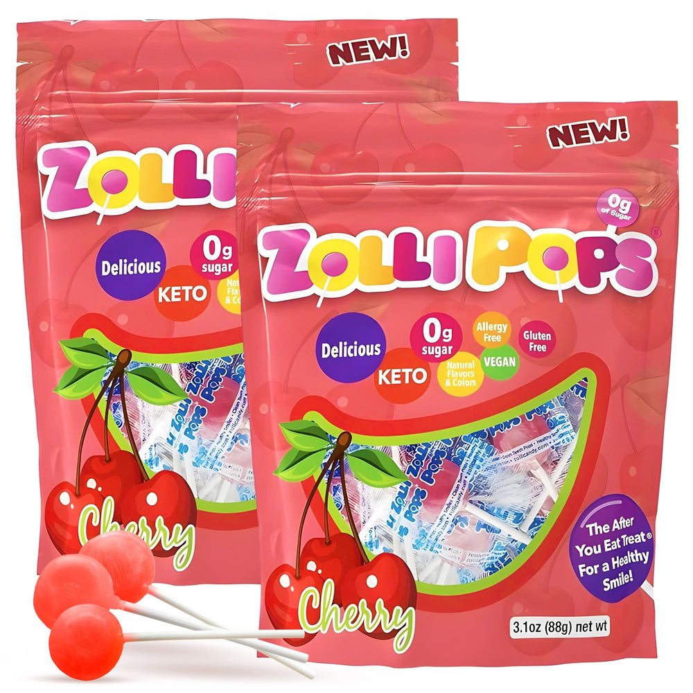 Zollipops Cherry clean teeth lollipop promotes fresh breath after meals.
