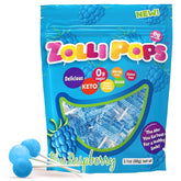Zollipops blue raspberry bag shows sugar-free, dentist-approved clean teeth pops for post-meal use.