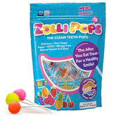 Zollipops Clean Teeth Pops packaging with fruit flavors and a dye-free formula.