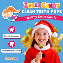 Zollipops packaging shows dentist-approved, dye-free sugar-free candy for kids.