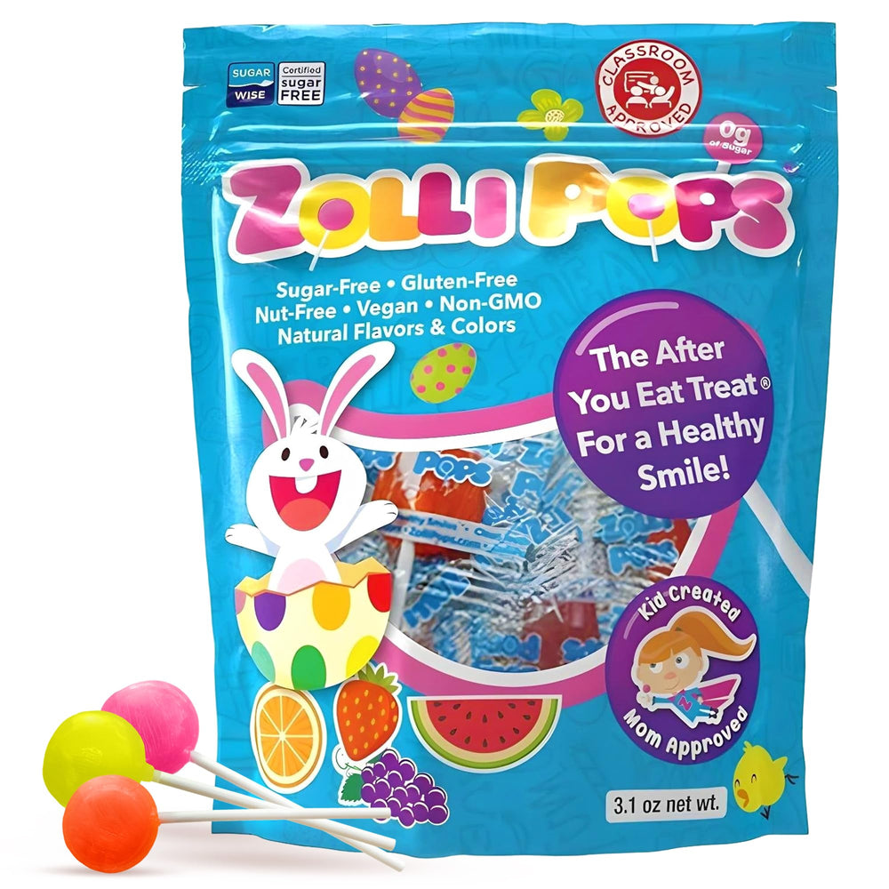 Zollipops Easter Bunny pops with colorful fruit flavors for kids' post-meal treats.