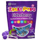 Zollipops Elderberry lollipops packaging showing dye-free, sugar-free treats for healthy smiles.