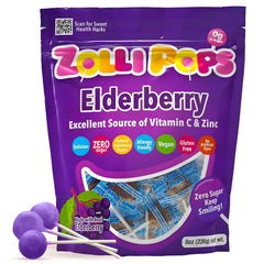 Zollipops Elderberry lollipops packaging showing dye-free, sugar-free treats for healthy smiles.