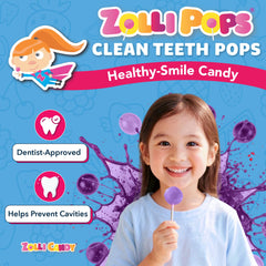 Zollipops grape pops in mouth emphasize fruity flavor and mouth-friendly sweetness.