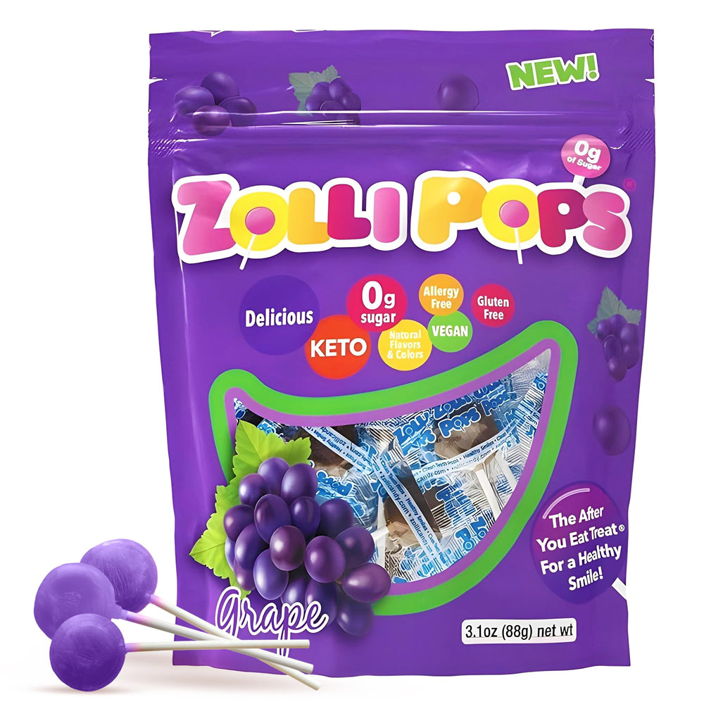 Zollipops grape pops packaging highlights dye-free, sugar-free treat for healthy smiles.