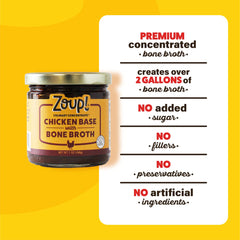 Zoup! chicken broth simmer pot image emphasizing high yield from one jar (34 cups).