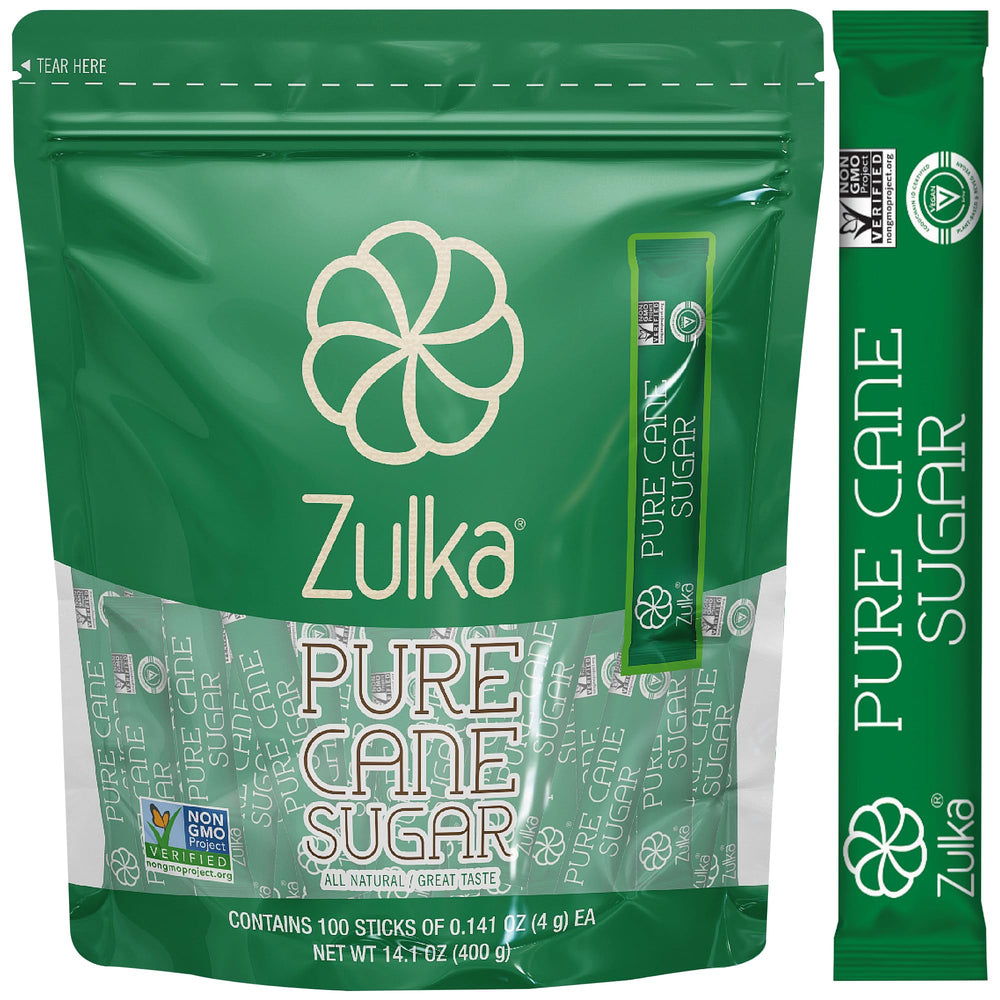 Zulka 100 sugar packets for coffee in individual wrappers for quick, mess-free sweetening.