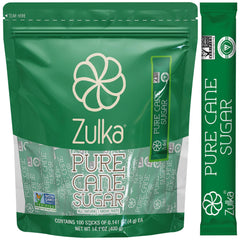 Zulka 100 sugar packets for coffee in individual wrappers for quick, mess-free sweetening.