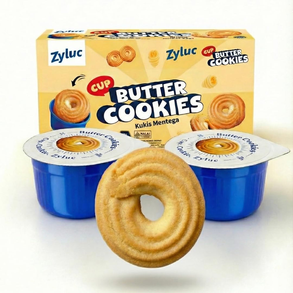 Zyluc Butter Cookies in cup-packaging for fresh, mess-free snacking.