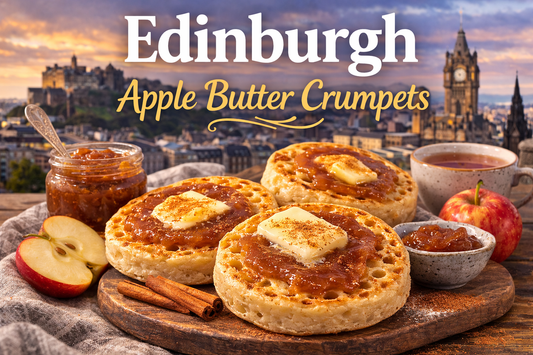 Edinburgh apple butter crumpets layered with warm cinnamon apple butter, buckwheat honey, cereal crunch and breakfast tea on a cosy morning table
