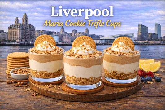 Liverpool Maria cookie trifle cups layered with biscuit crumbs, creamy filling, chocolate swirl and crisp dessert toppings from BoroPantry