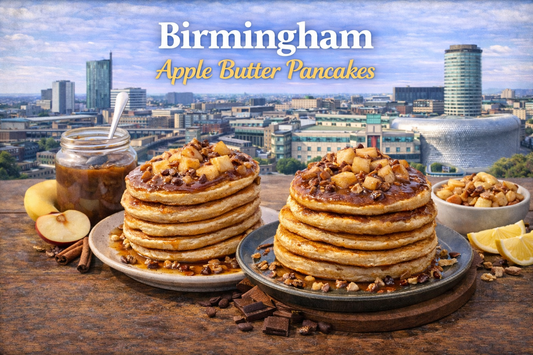 Birmingham apple butter pancakes made with fluffy hotcake mix, warm spiced apple topping and maple candy crunch from BoroPantry