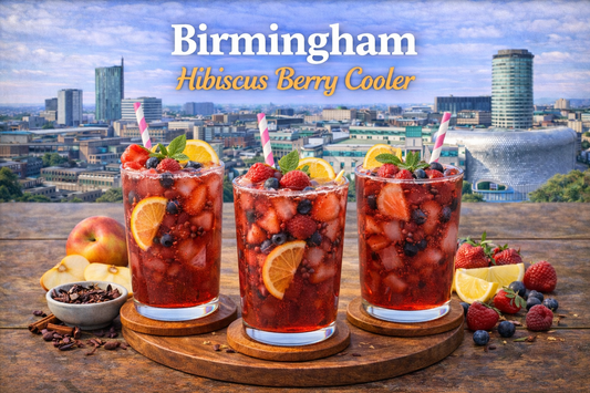 Birmingham hibiscus berry cooler made with blueberry white tea, mango puree syrup and fruit drink mixes from BoroPantry