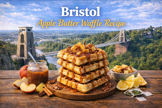 Warm Bristol apple butter waffles topped with soft apple compote and creamy coconut drizzle made with BoroPantry waffle mix and pantry staples