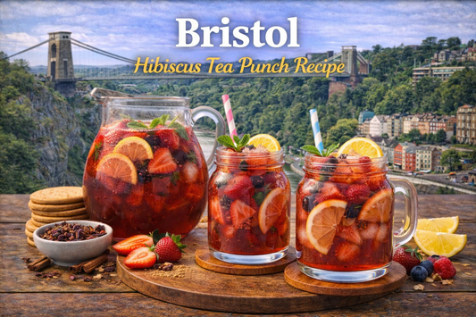 Bristol hibiscus tea punch made with citrus lemon powder, lime crystals, orange blossom water, tropical punch and sparkling strawberry lemonade from BoroPantry
