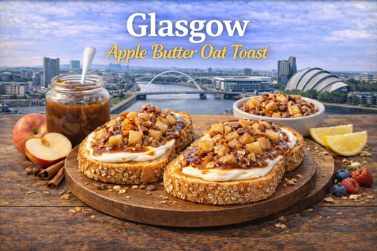 Glasgow apple butter oat toast with warm apple topping, creamy peanut butter yoghurt layer, crispy quinoa and maple crunch from BoroPantry