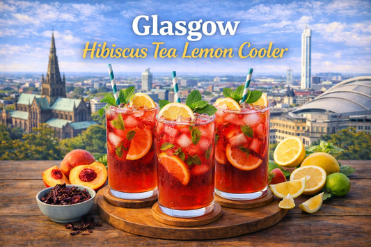 Refreshing Glasgow hibiscus tea lemon cooler made with hibiscus loose leaf tea, green tea and pink lemonade from BoroPantry