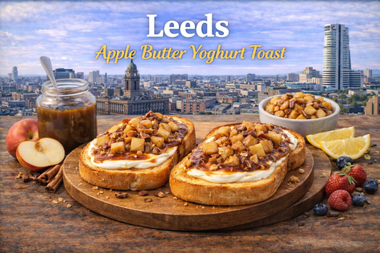 Leeds apple butter yoghurt toast with creamy yoghurt, black cherry fruit cups, crunchy granola and sesame topping from BoroPantry