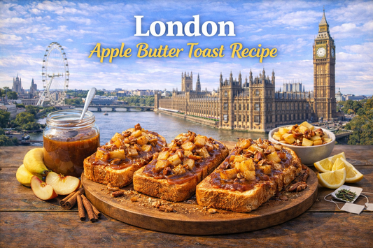 London apple butter toast made with toasted banana bread, quick apple butter, coconut nectar drizzle and crispy puffed quinoa from BoroPantry